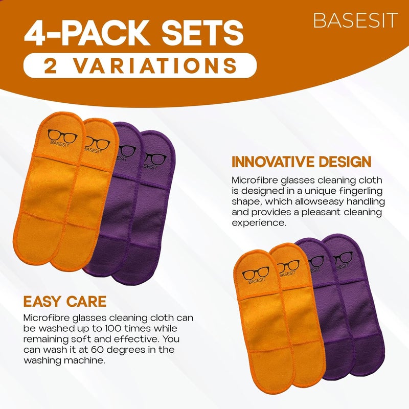 Basesit Eyeglass Cleaner Cloth 4 Pack, Eye Glasses Cleaner Wipes, Lens Cleaner, Anti-Scratch, Screen Cleaning Cloth, Eyeglass Cleaning Cloth, Lens Cloth, Eye Glasses Cleaner Cloth (Orange/Purple) - Image 3